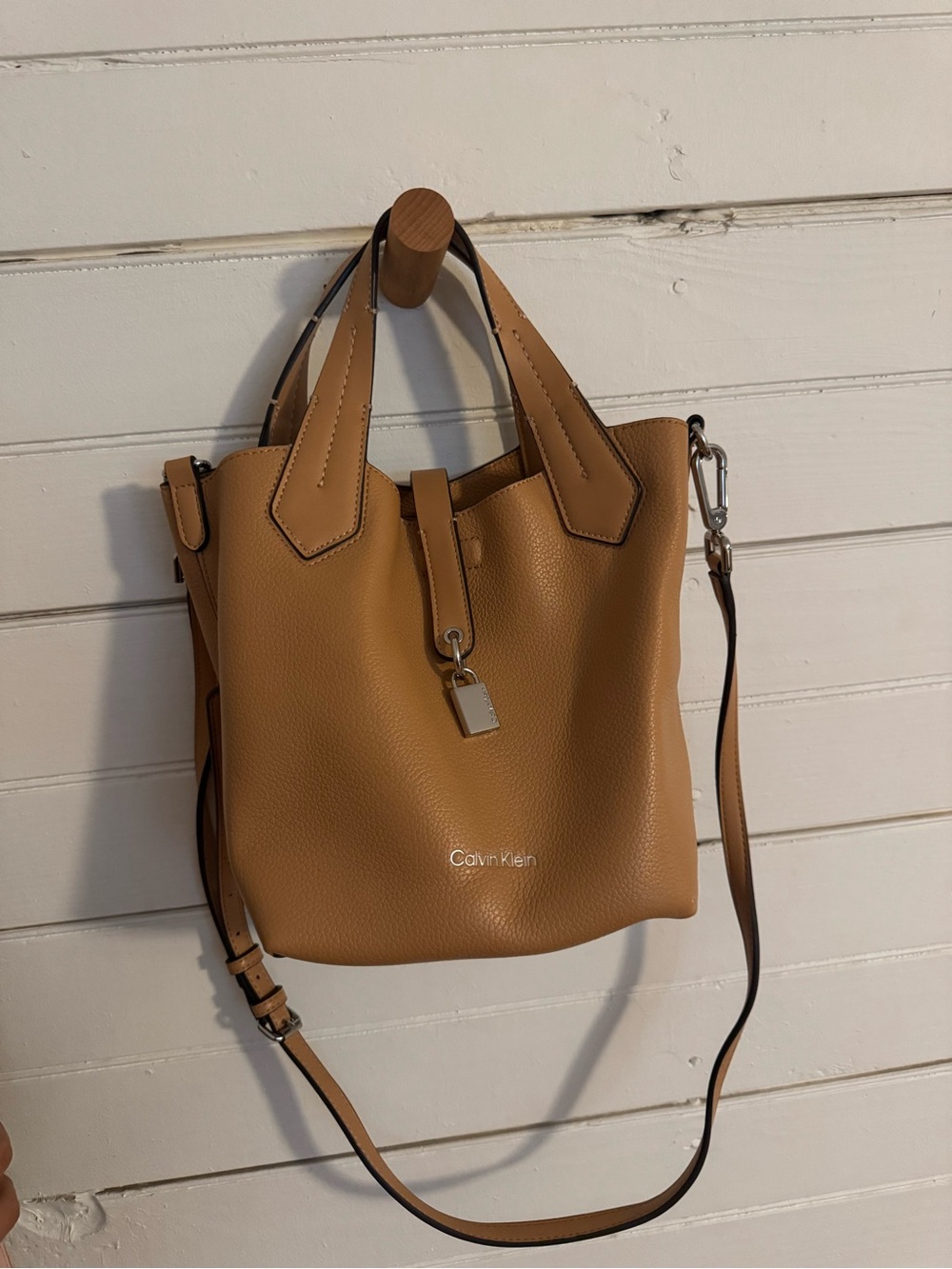 Calvin Klein Caramel Pebbled Leather Shoulder Tote